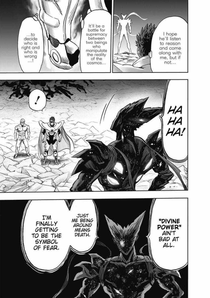 Garou starts laughing while Blast prepares for a fight.