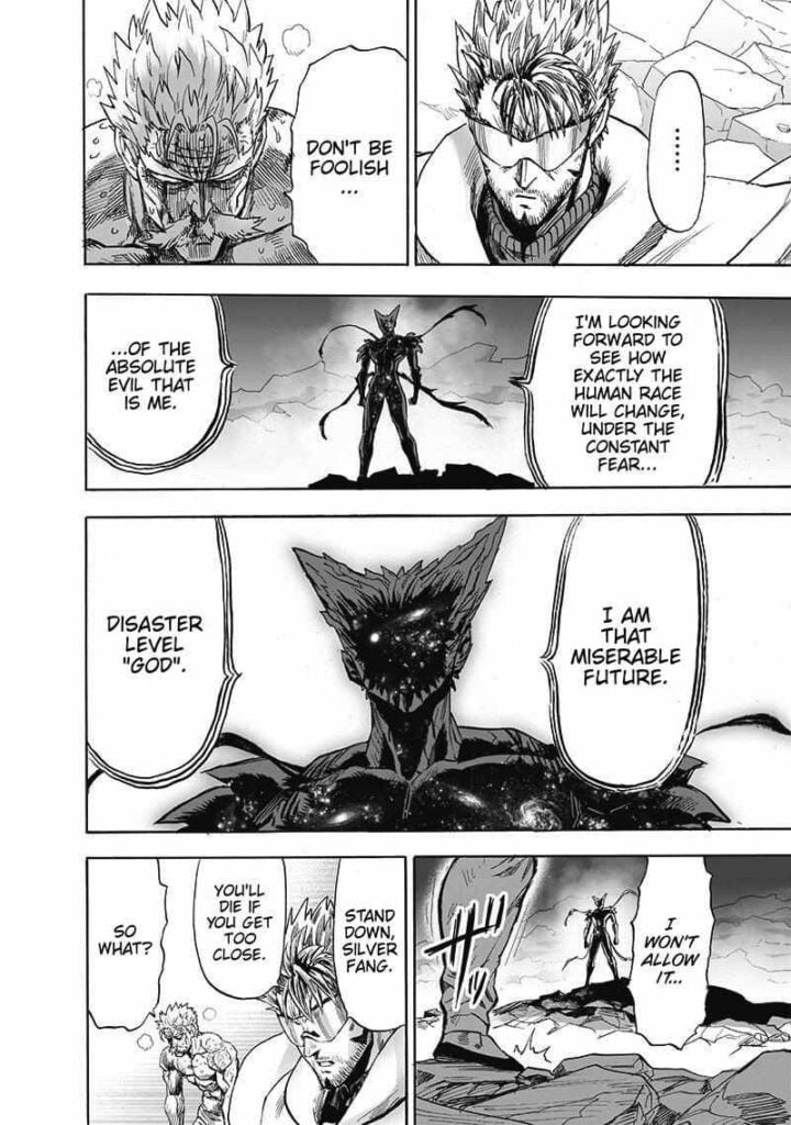 Garou proclaims himself as Absolute Evil Disaster Level God. Bang walks toward Garou. Blast stops him.