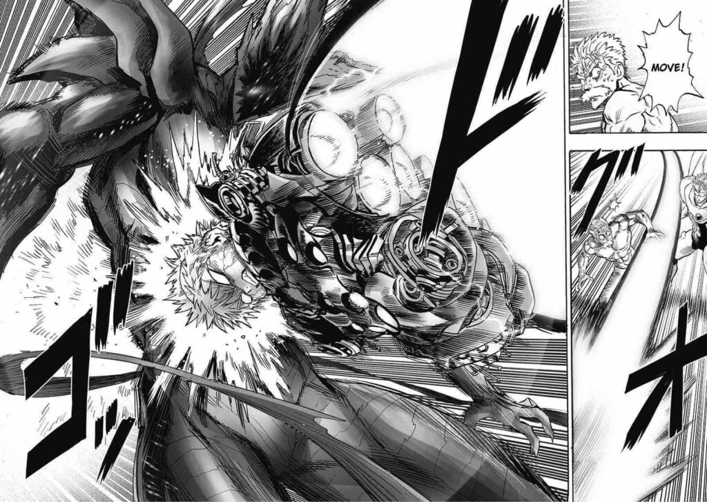 Suddenly, Genos flies and collides with Garou from behind. Bang and Blast are surprised.