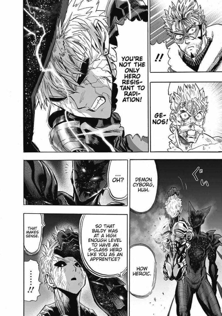 Bang and Blast watch in shock. Garou hangs Genos' body by holding his hair.