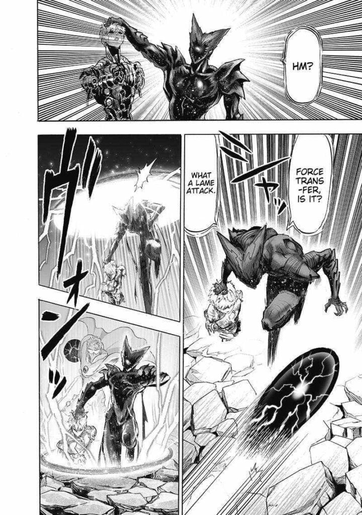 Garou dodges by jumping while holding Genos. Blast appears behind Garou, ready to punch him.