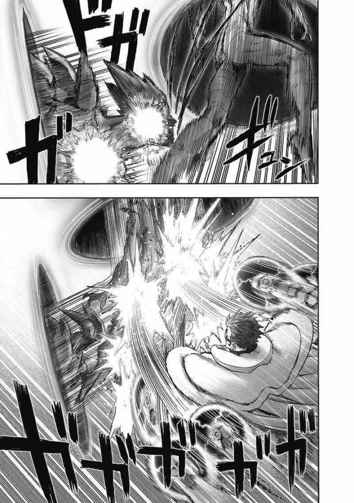 Blast punches Garou heavily using Garvity Knuckles while Garou moves in a loop along the Dimension Cannon.