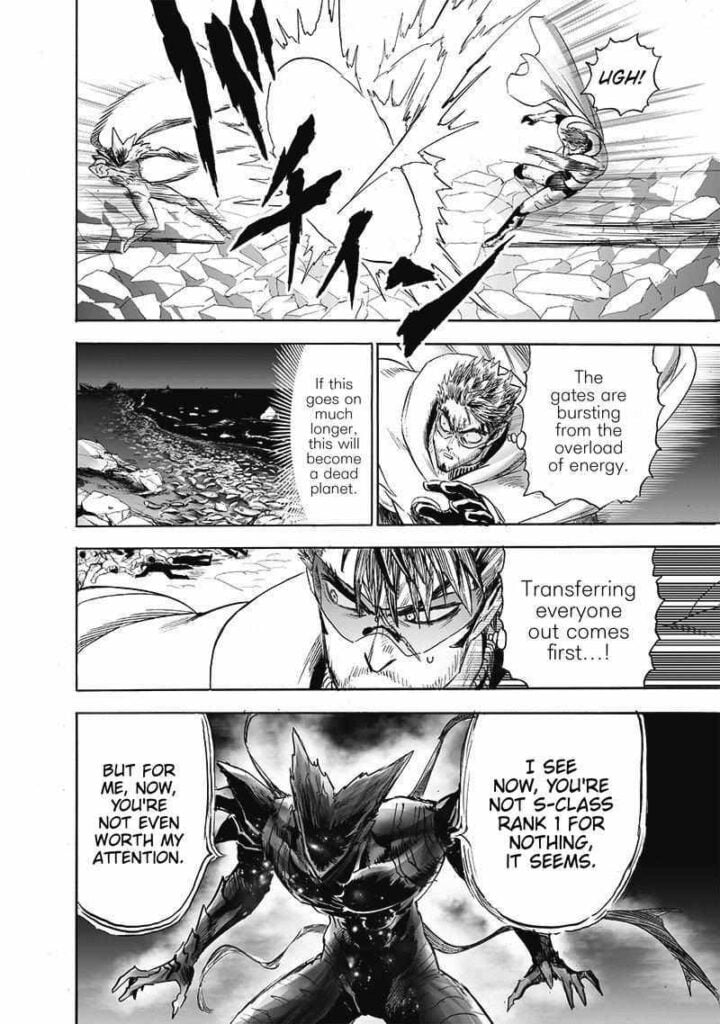 Blast and Garou separate after his attack. Blast notices fish dying on the shores, and Garou crouches for another attack.