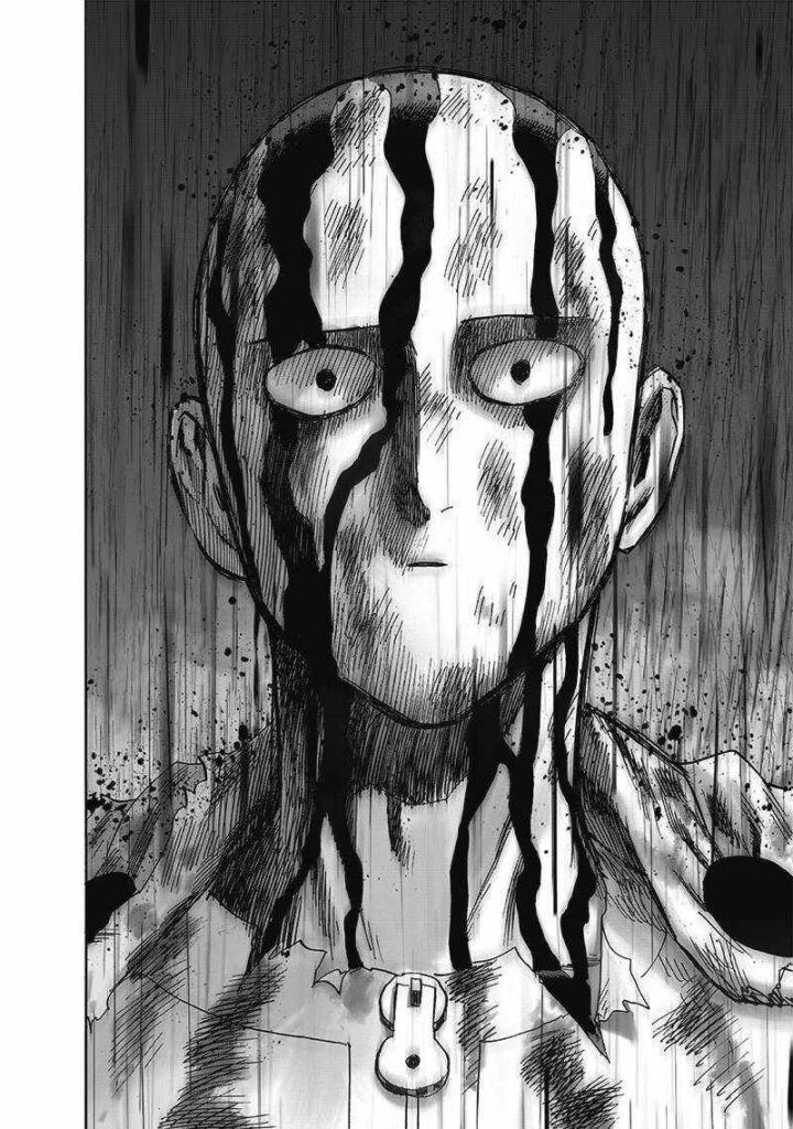 Saitama looks serious while rain pours on his bald face.