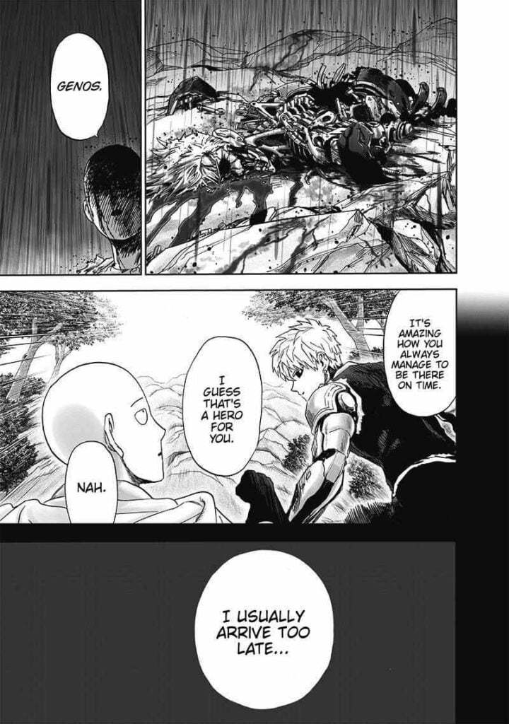 Saitama watches Genos' destroyed body. He remembers their time together running in the forest.