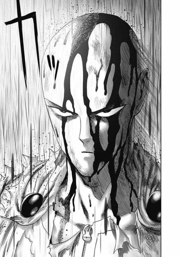 Saitama seriously looks at Garou while rain pours on his bald head and face.