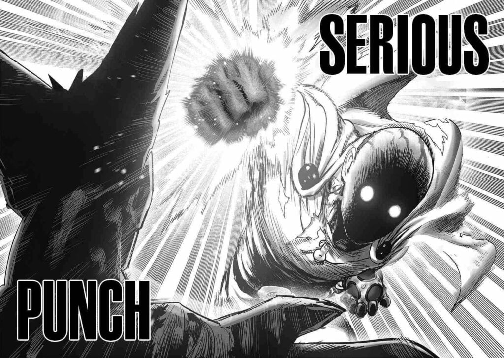 Saitama's eyes glow with his dark face as he punches Garou with "Killer Move; Serious Series Serious Punch."