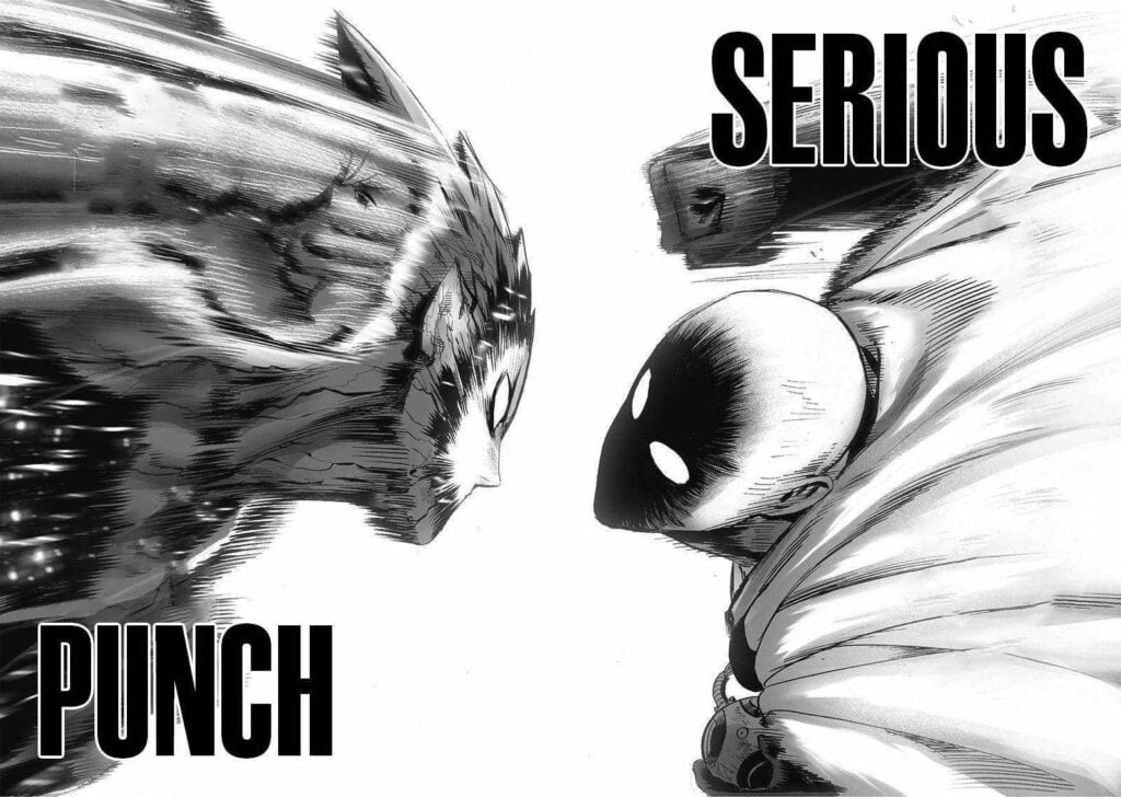 Garou and Saitama are about to clash their fist with "Serious Punch."