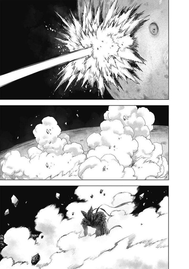 Garou stands up amidst the dust after hitting the ground of another planet.