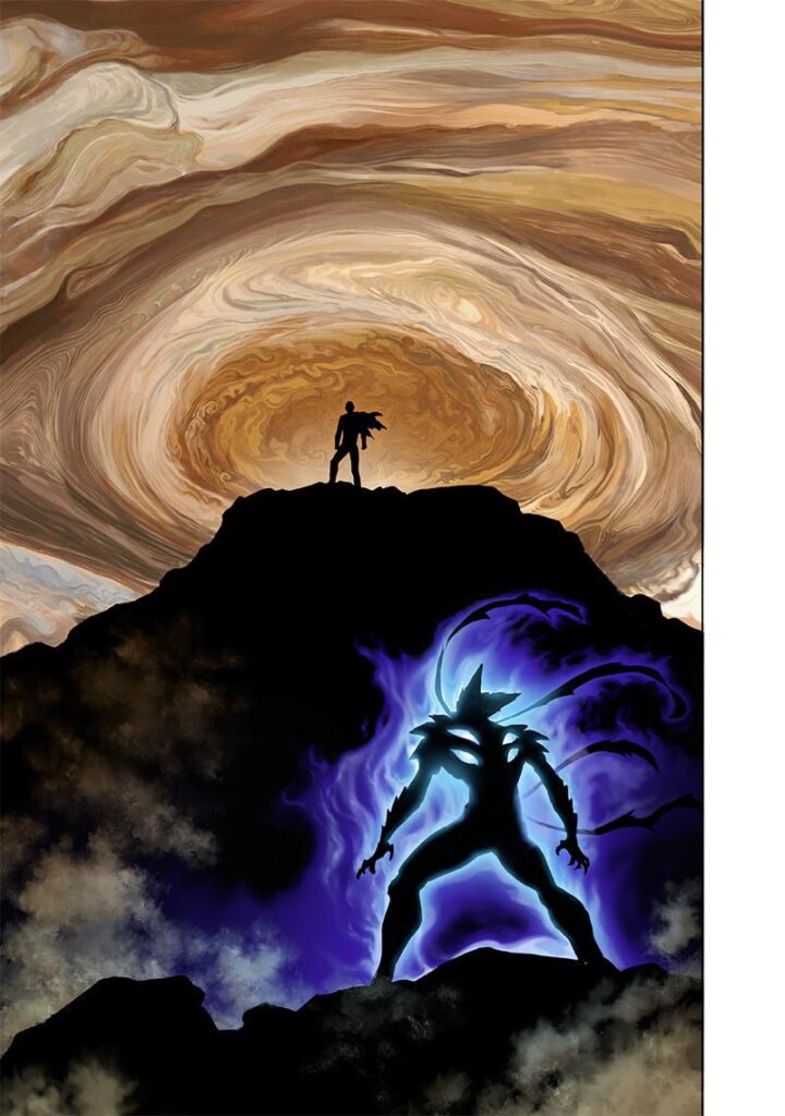 In a colored image, Garou is covered in a lavender aura as he looks at Saitama with Jupiter's Great Spot behind him.