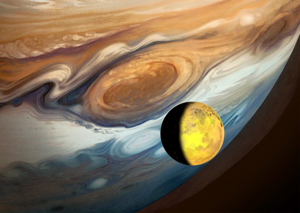 In a colored image, Jupiter's Great Red Spot is facing its moon Io.