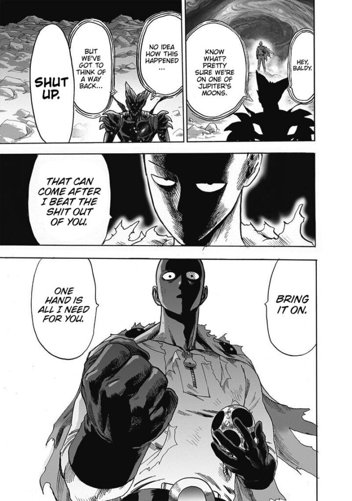 Garou calls Baldy to find a way to get Back. Saitama looks at him seriously and asks for a fight with one hand.