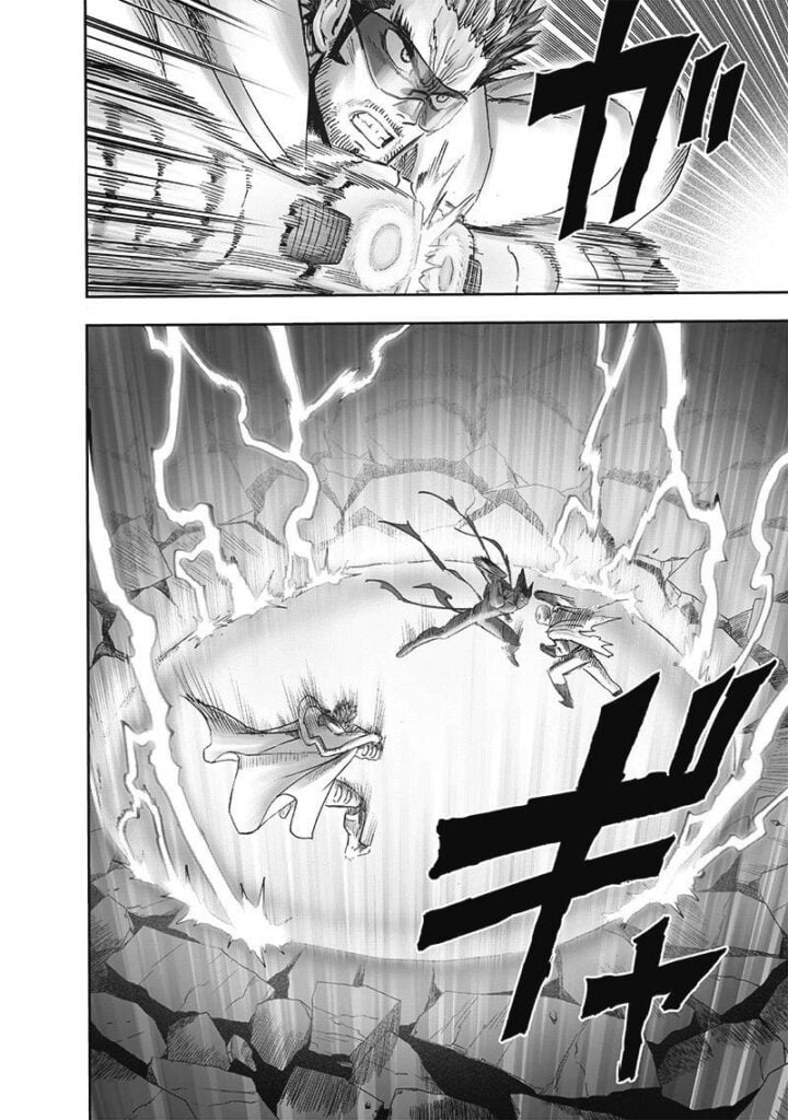 Back to the fight, Blast collides with his fist, forming a circular light surrounded by lightning at him, Garou, and Saitama.