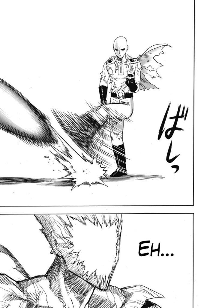 Saitama kicks the Hyperspace Gate like a football. Garou is shocked.