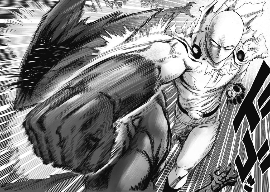 Garou spits blood after suddenly getting hit by Saitama's punch.