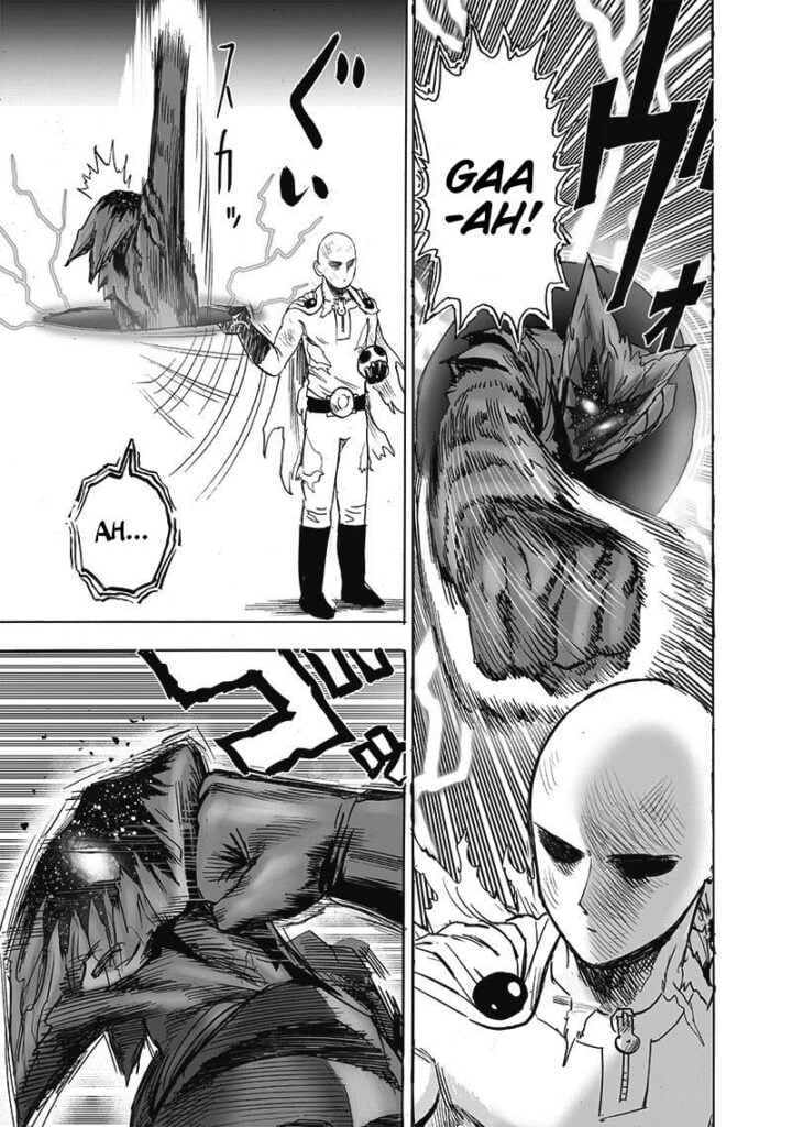 Garou suddenly appears behind Saitama using his Hyperspace Gate. Saitama holds the gate and punches Garou.