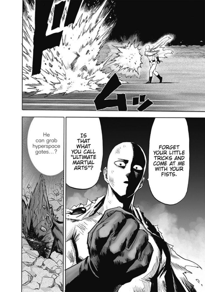 Garou gets blown away and lies down on the rocky surface. Saitama tells him to fight with his fists.