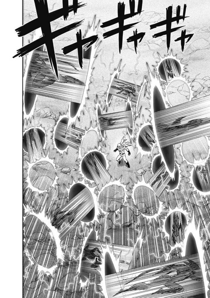 Garou creates and jumps around the many Hyperspace Gates around Saitama.