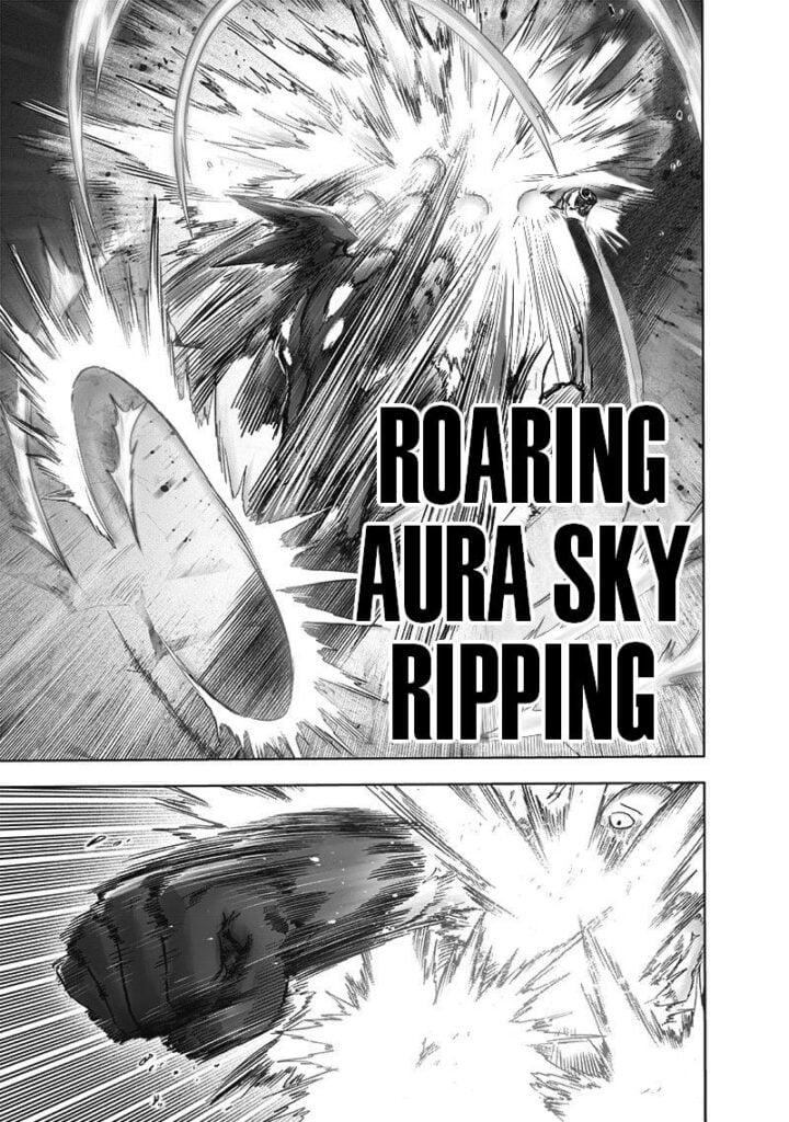 Garou suddenly attacks Saitama with a barrage of punches called Roaring Aura Sky Ripping. Saitama counters.