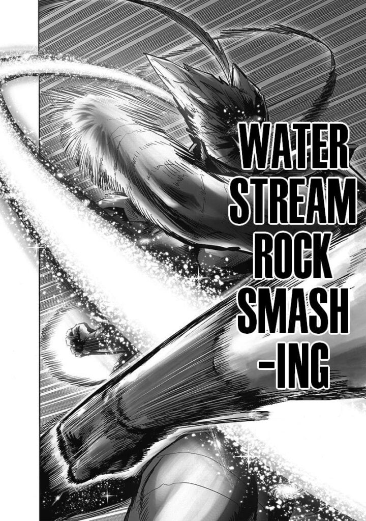 Garou deflects Saitama's punch with Water Stream Rock Smashing...