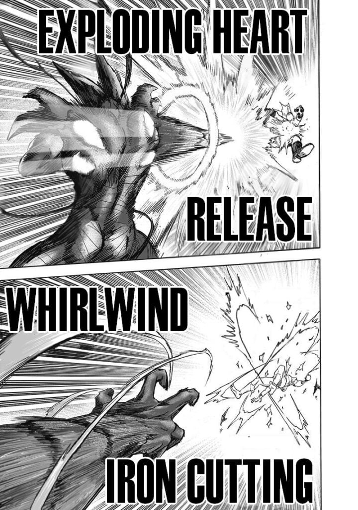 Saitama is blown away after getting hit by Garou's "Exploding Heart Release" and "Whirlwind Iron Cutting."