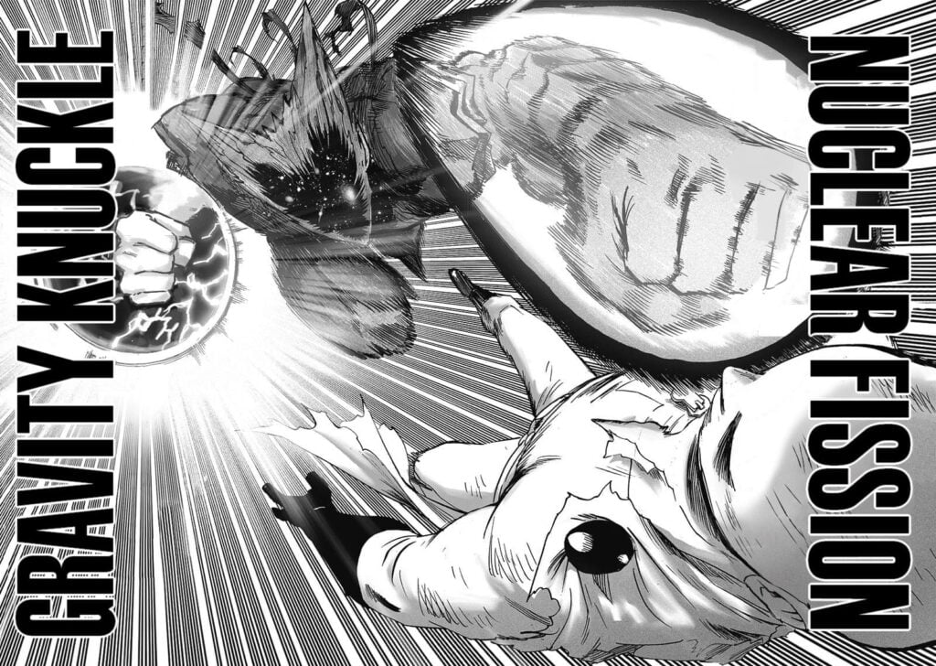 Garou jumps close to Saitama and punches him using Nuclear Fission and Gravity Knuckles.