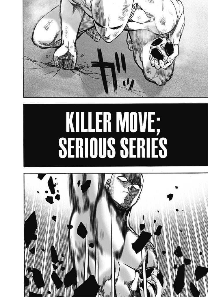 Saitama thrusts his right hand onto the ground with a technique called Killer Move; Serious Series...