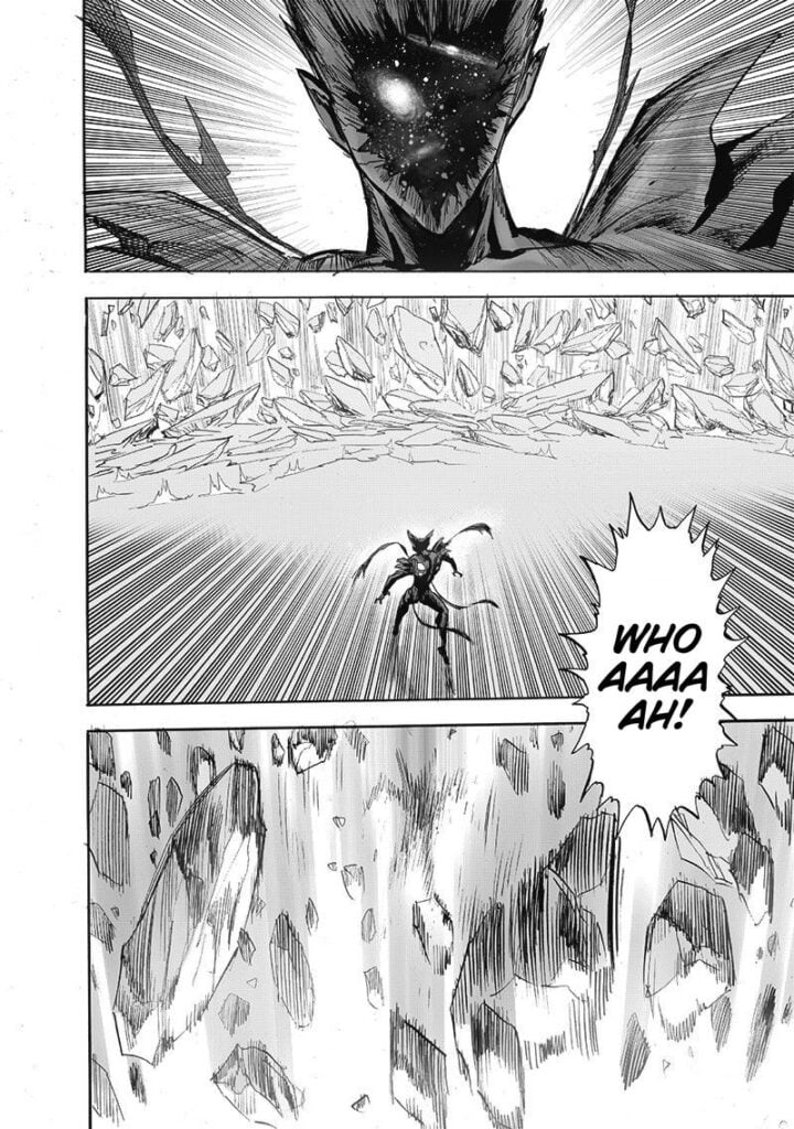 Garou watches in surprise as the tsunami of debris and rocks approaches him.