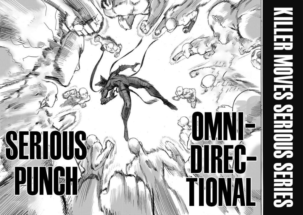 Saitama attacks Garou from all directions, called "Killer Moves Serious Series Omnidirectional Serious Punch."