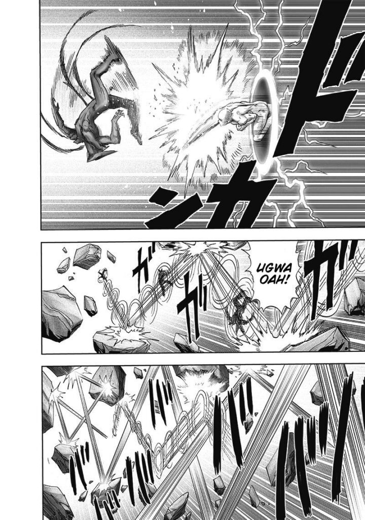 Garou gets hit by Saitama's punch as he exits the hypergate and bounces on the floating rocks.