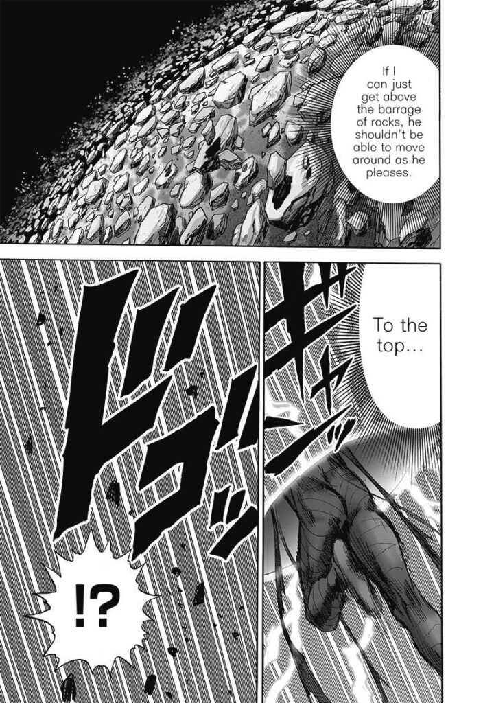 Garou jumps inside his hyperspace gate and thinks of going over the barrage of rocks.