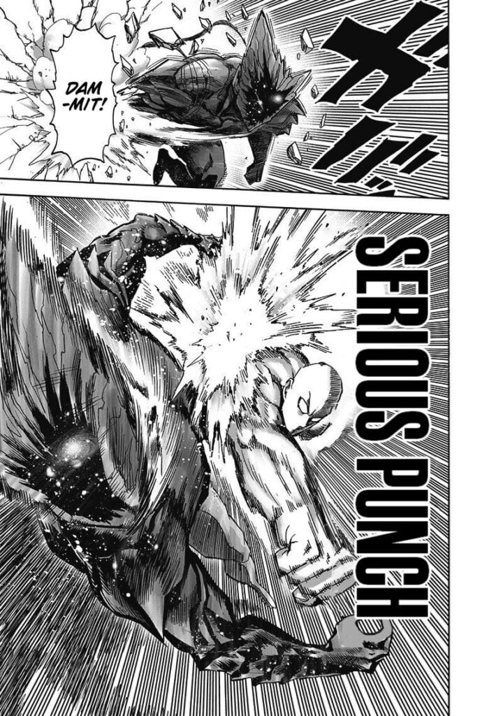 Garou stands up and suddenly gets hit by Saitama's Serious Punch.