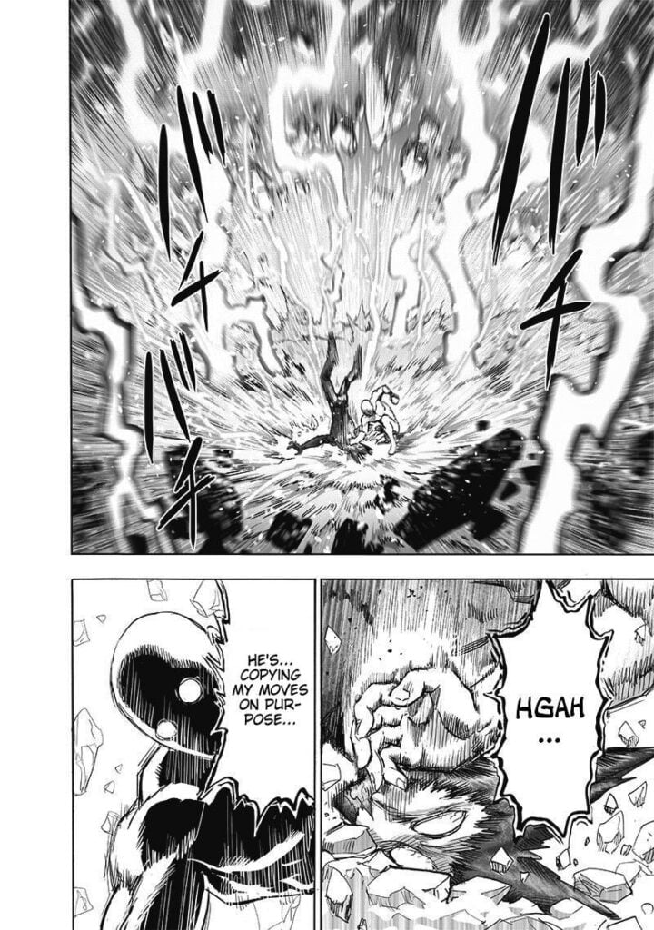 Saitama's karate chop pins Garou to the ground. The ground breaks while they are surrounded by lightning.