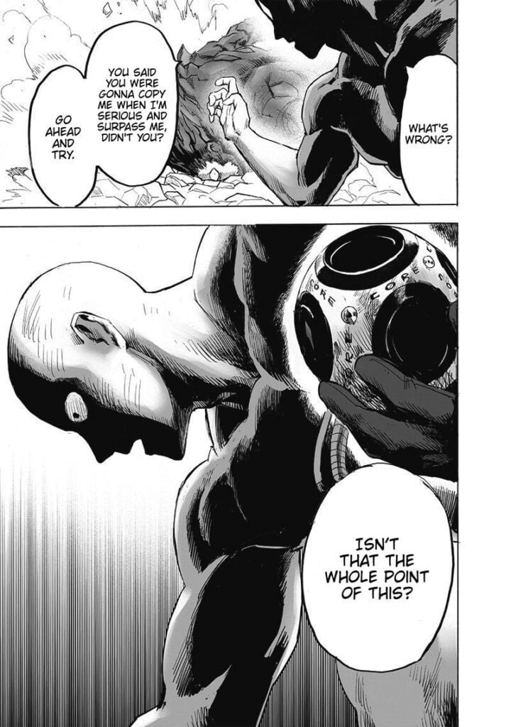 Saitama looks serious and tells Garou to copy him to surpass him.