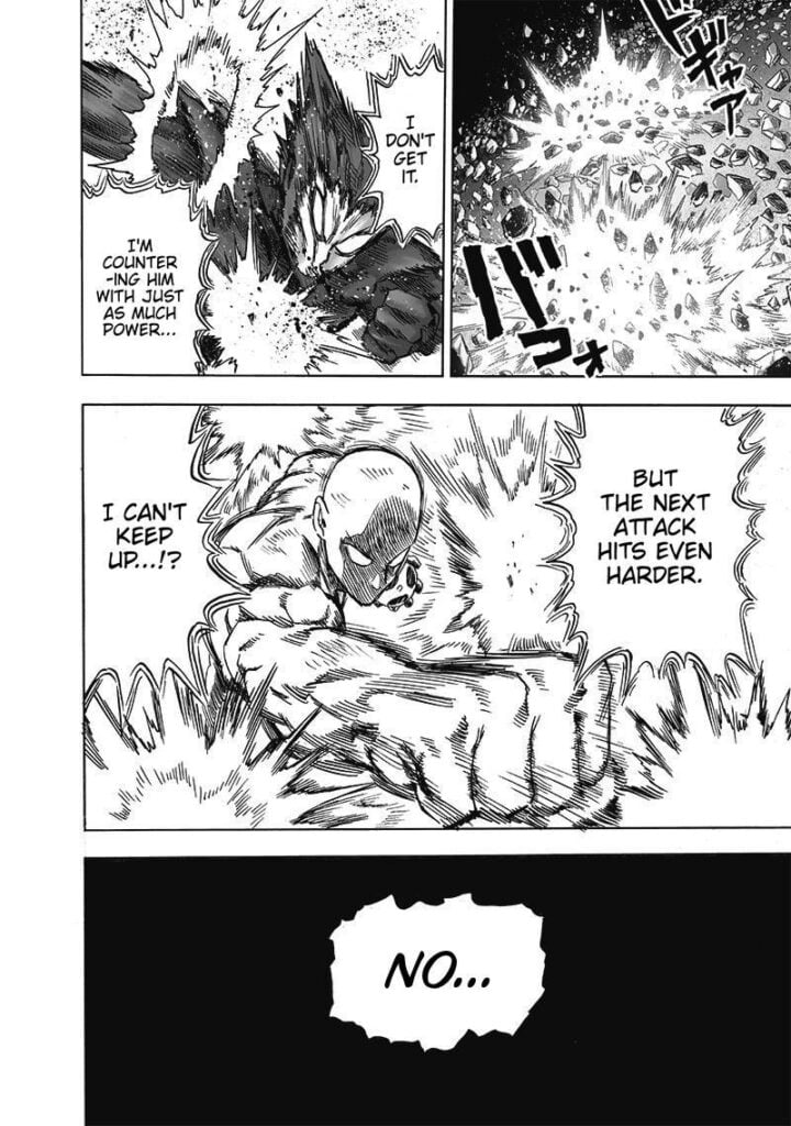 Garou and Saitama clash with their fists, breaking the rocks around them. Garou is overpowered.