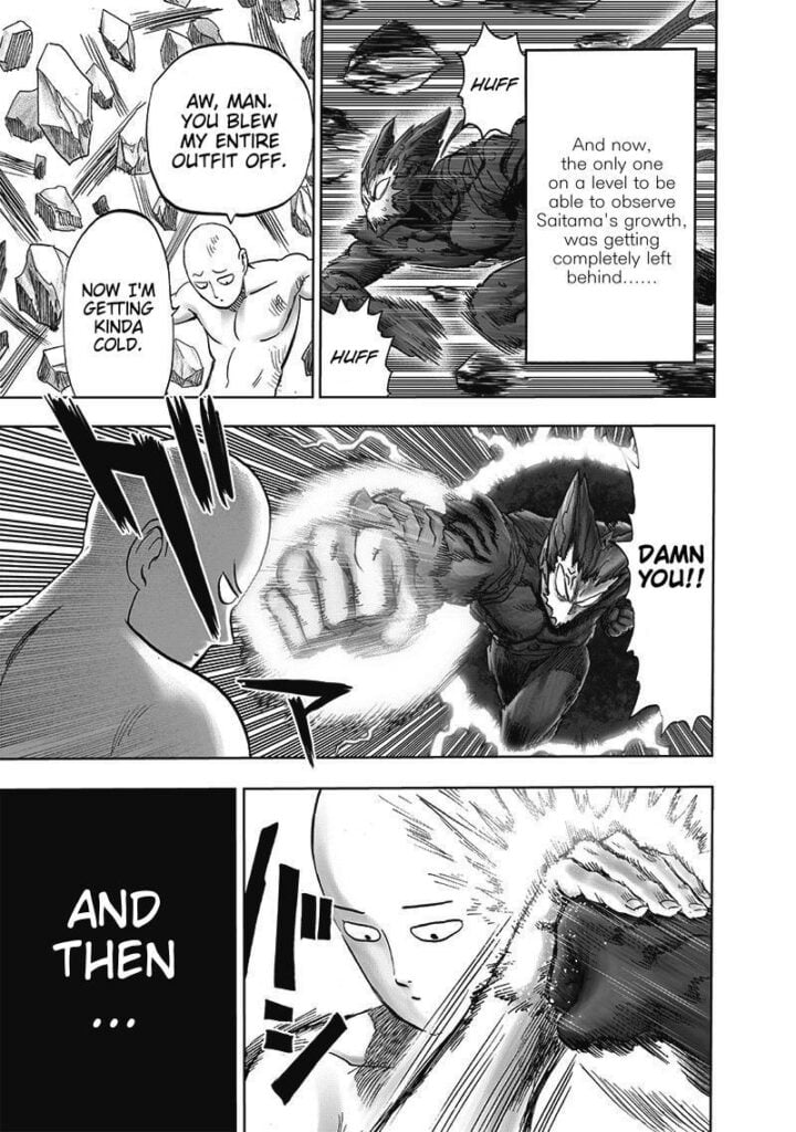 Garou tries to punch Saitama in the face, but Saitama blocks it with one hand.