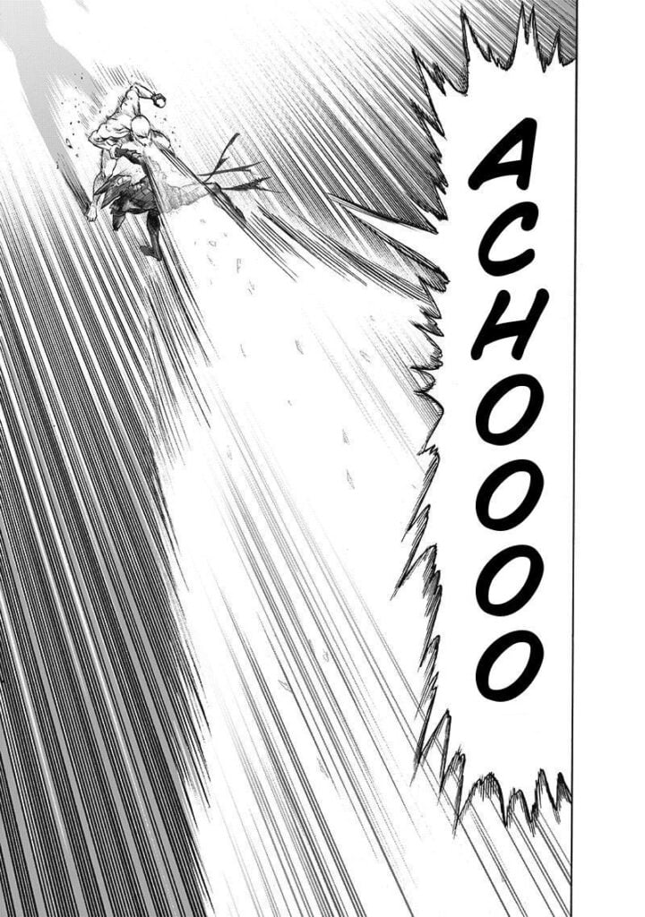 Saitama releases a powerful sneeze.