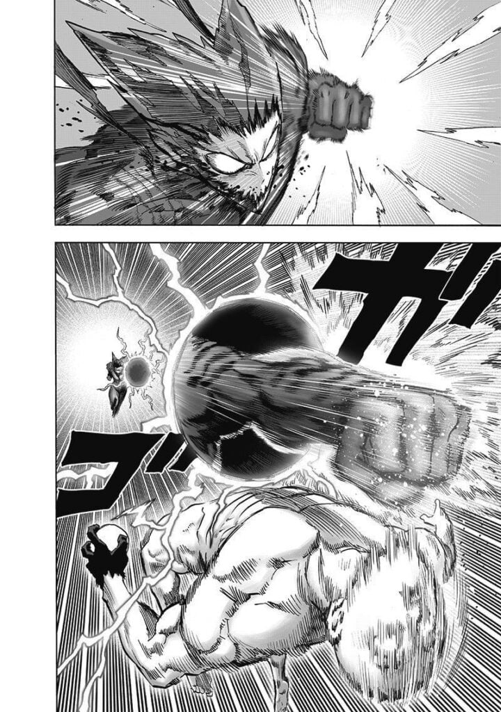 Saitama dodges as Garou uses hyperspace with his punch.