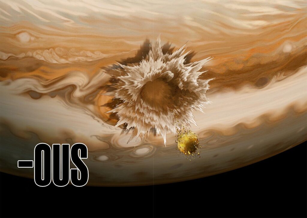 On a colored page, Saitama's "Serious Sneeze" reaches Jupiter's atmosphere.