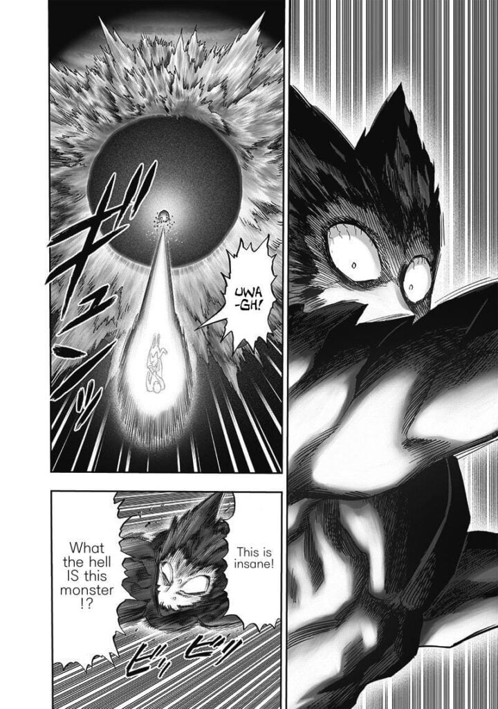 Garou is shocked after seeing Saitama's sneeze blow away Jupiter's gaseous atmosphere. They also move away.