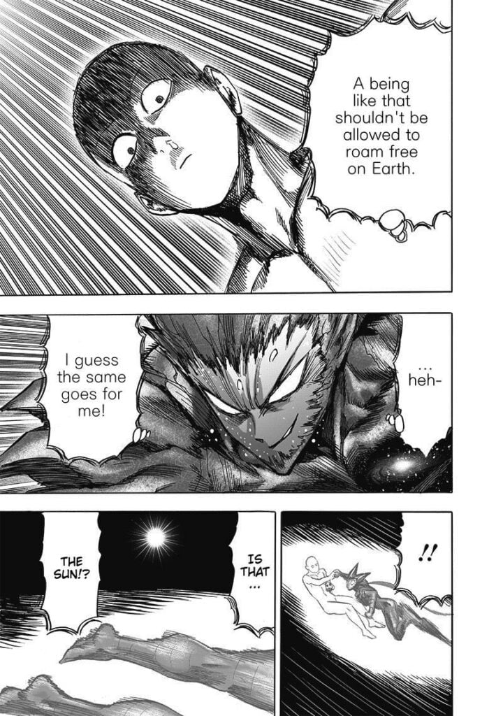 Saitama stares at Garou while traveling due to the sneeze's recoil. Garou smirks after seeing the sun.