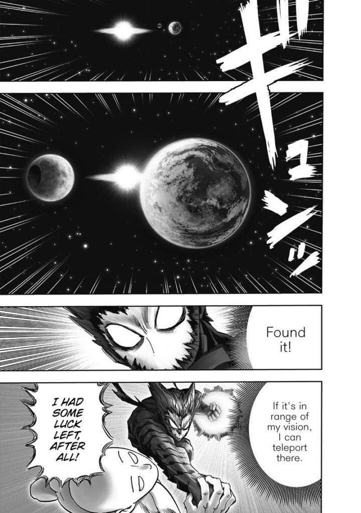 Garou sees the sun, Earth, and moon. Saitama still holds his fist.