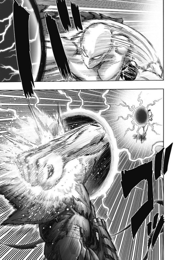 Saitama counters with his punch using Garou's hyperspace and hits him in the face.