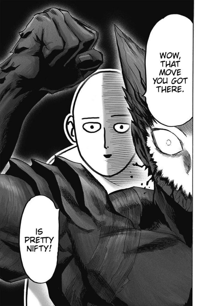 Saitama suddenly appears behind Garou. Garou is shocked!