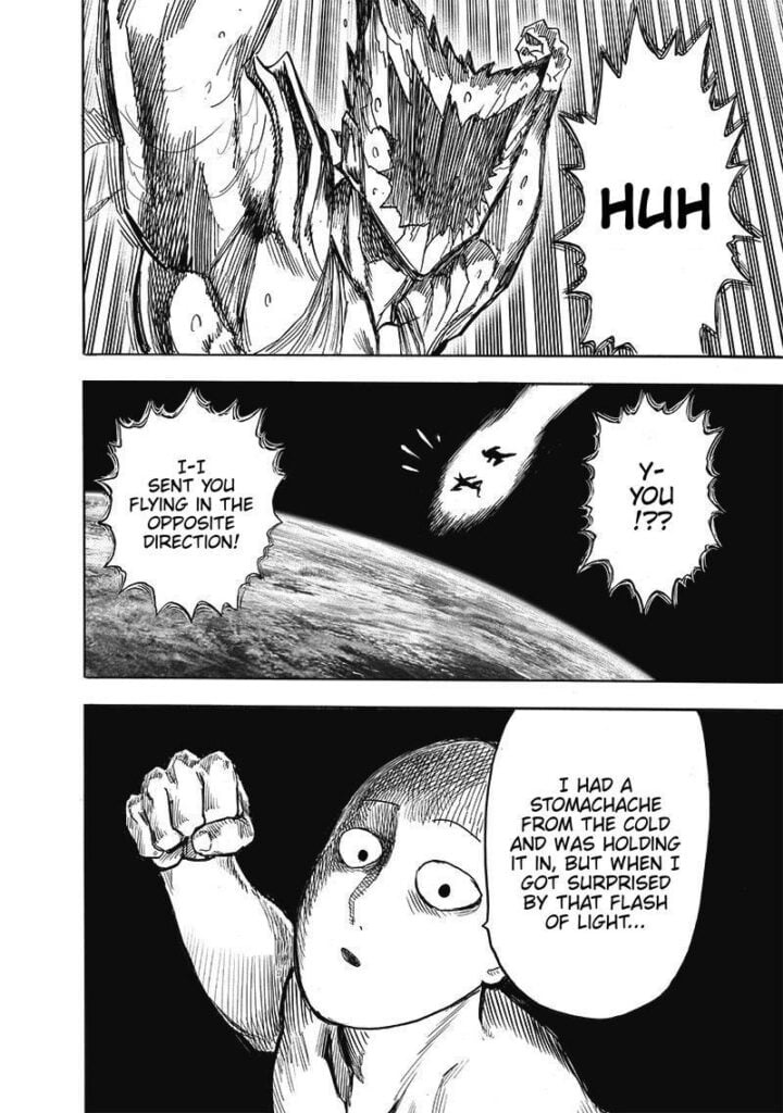 Garou exclaims after seeing Saitama back again. Saitama prepares to punch him.