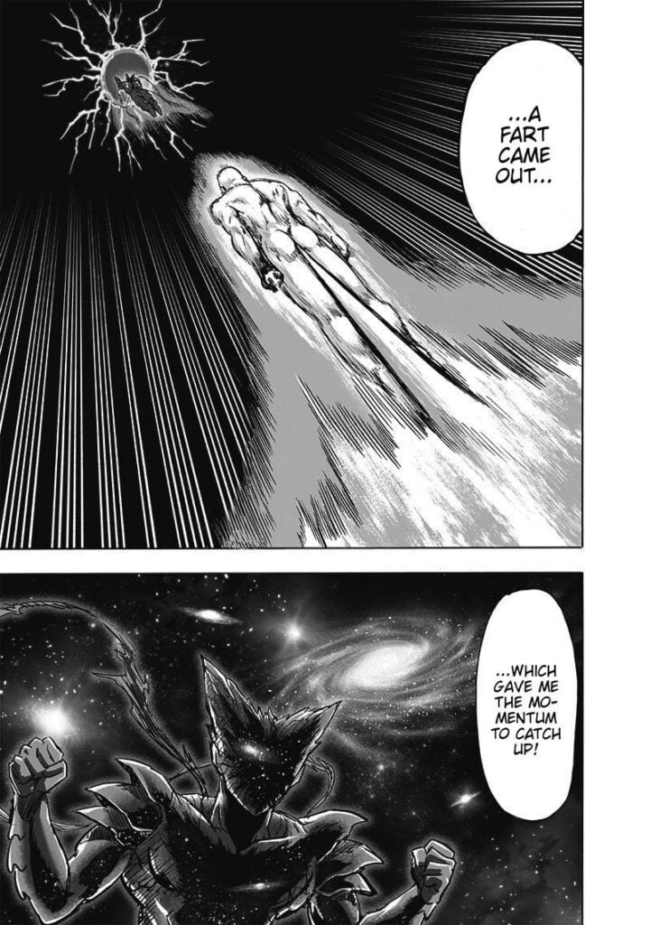 Saitama narrates to Garou how he catches up after farting so hard that it enables him to propel back.