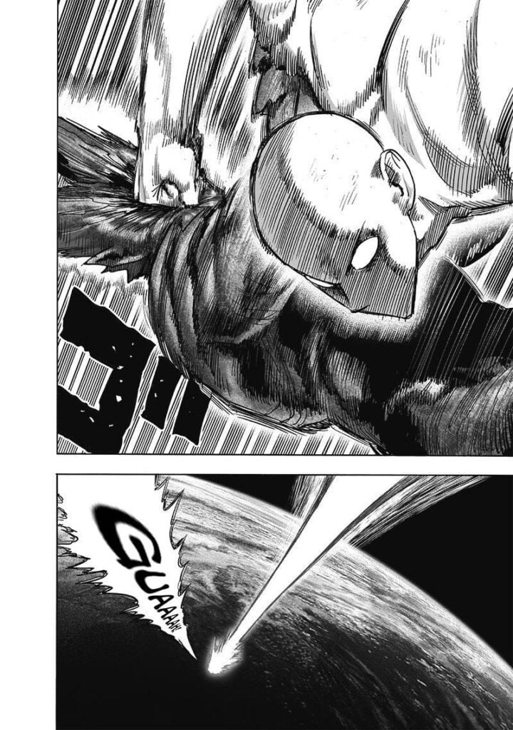 Saitama punches Garou in his face as they enter the Earth's atmosphere.