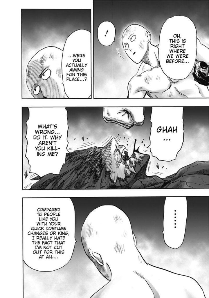 Garou coughs blood as Saitama slowly removes his fist from his fist. Saitama realizes they are back on Earth.