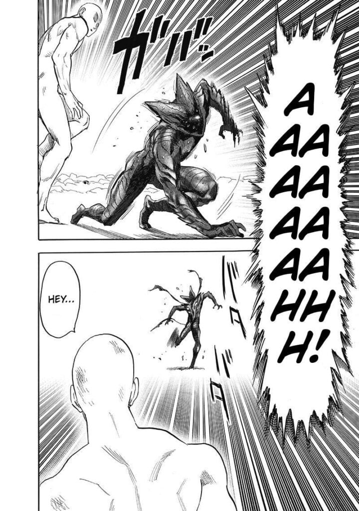 Saitama wonders as Garou frantically runs away from Tareo.