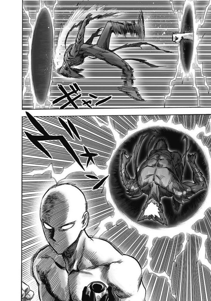 Garou is thrown away after getting hit by Saitama's punch. He creates a hyperspace gate and appears behind Saitama.